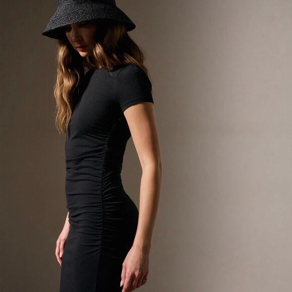 James Perse Black Ruched T-Shirt Midi Dress Women’s Size Large 3 Cotton Stretch - Picture 7 of 16